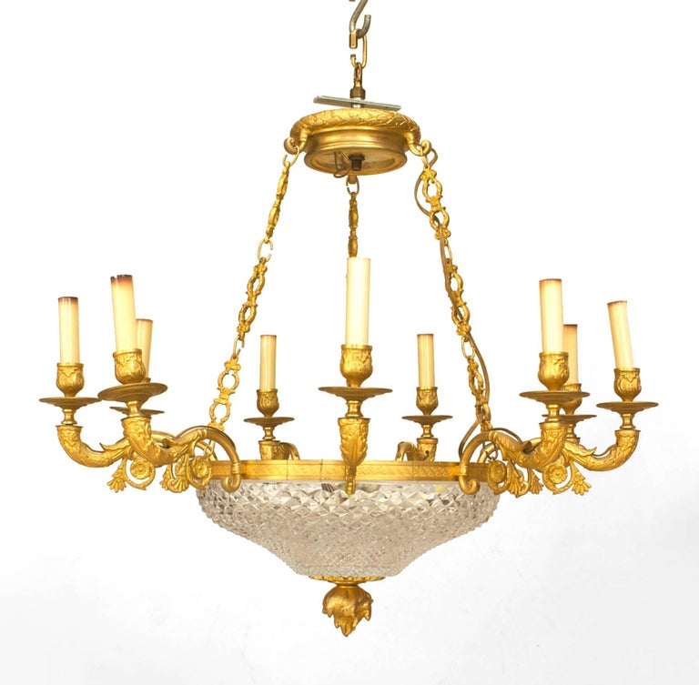 Late 19th C French Empire Style Gilt Bronze And Crystal Chandelier Late Nineteenth Century French Empire Style Gilt Bronze Chandelier With A Cut Crystal Bowl Supporting