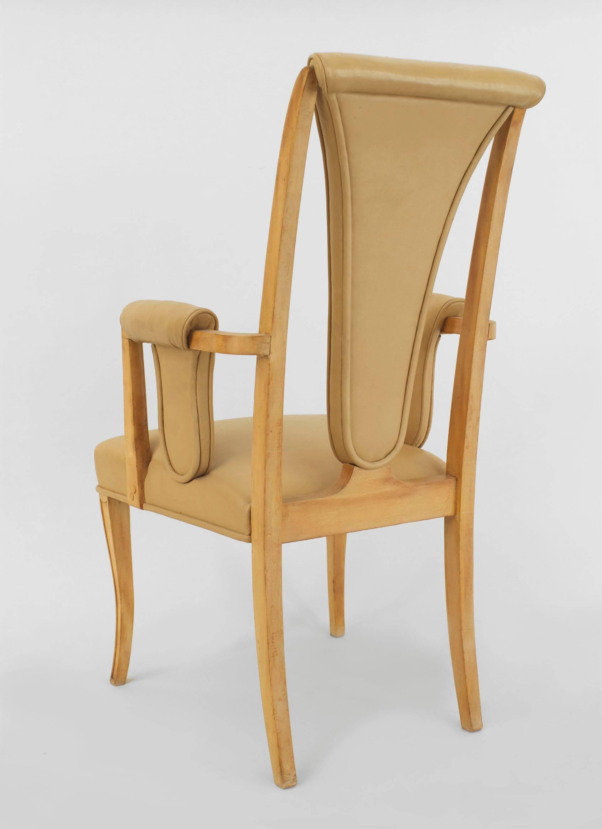 Maple Set of 8 English Art Deco Leather Dining Chairs For Sale