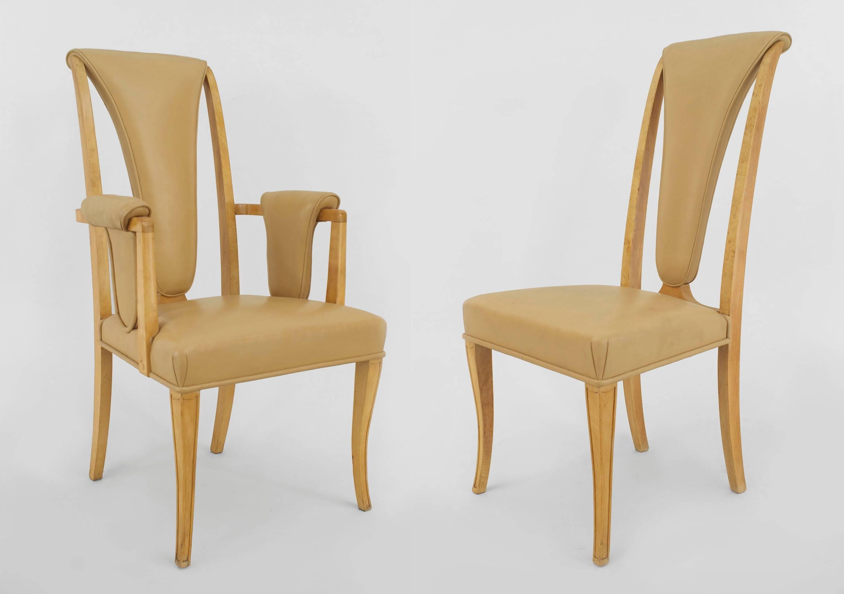 Set of 8 English Art Deco maple high back dining chairs with beige leather upholstery (2 arms:22¬Ω
