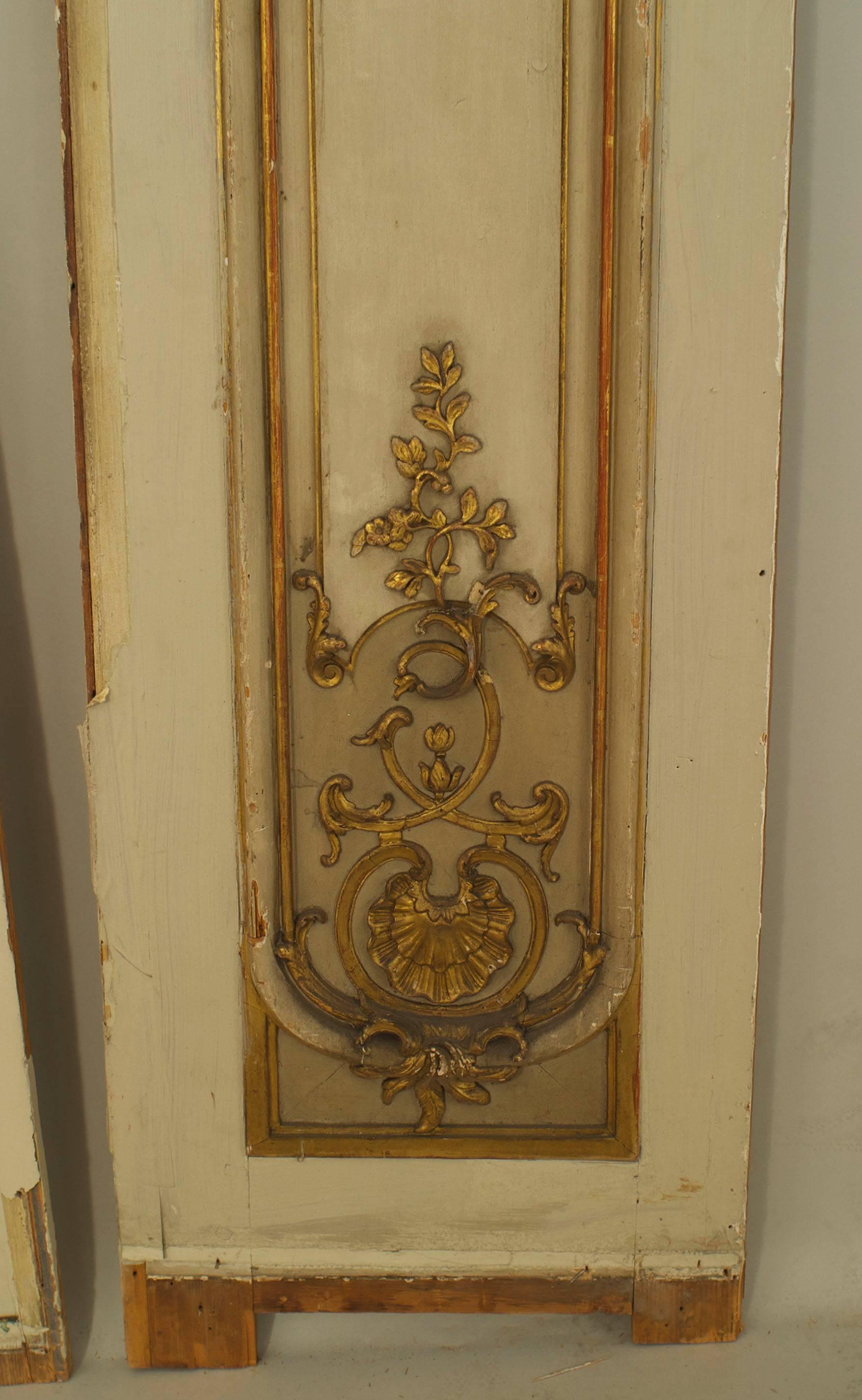 6 French Louis XV style (19th Century) white and gold painted pilaster panels. Size variance, 1 panel: 25