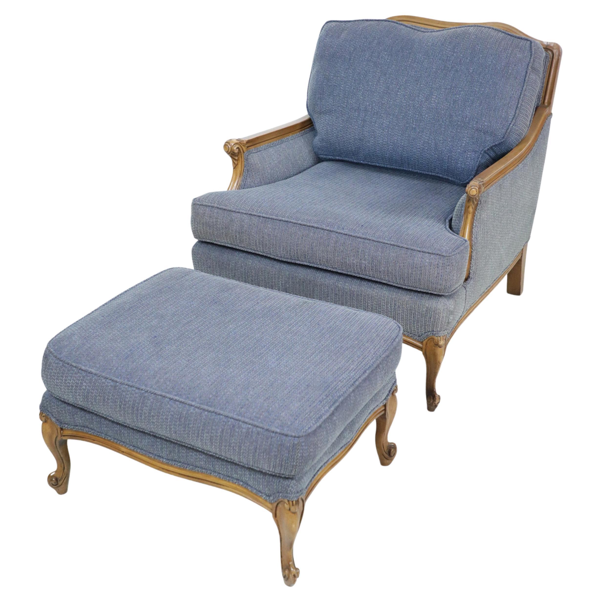 French Louis XV-Style Walnut and Navy Upholstered Bergere and Ottoman For Sale