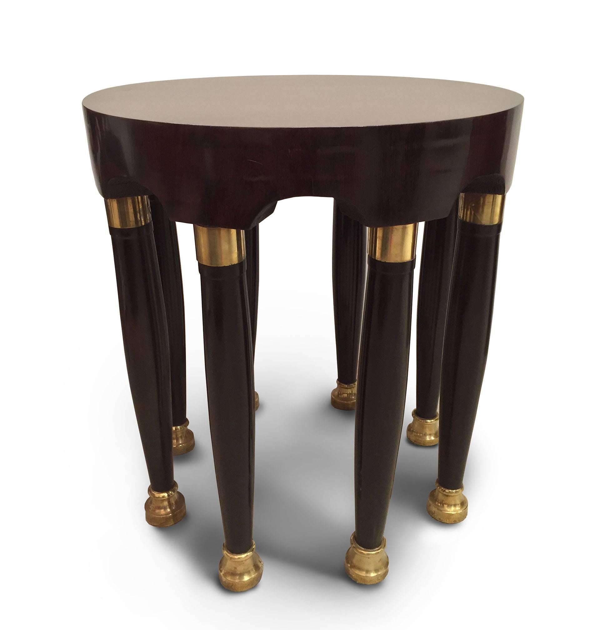 Austrian Pair of 1940s Continental Art Deco Round Gilt Trimmed Mahogany End Tables