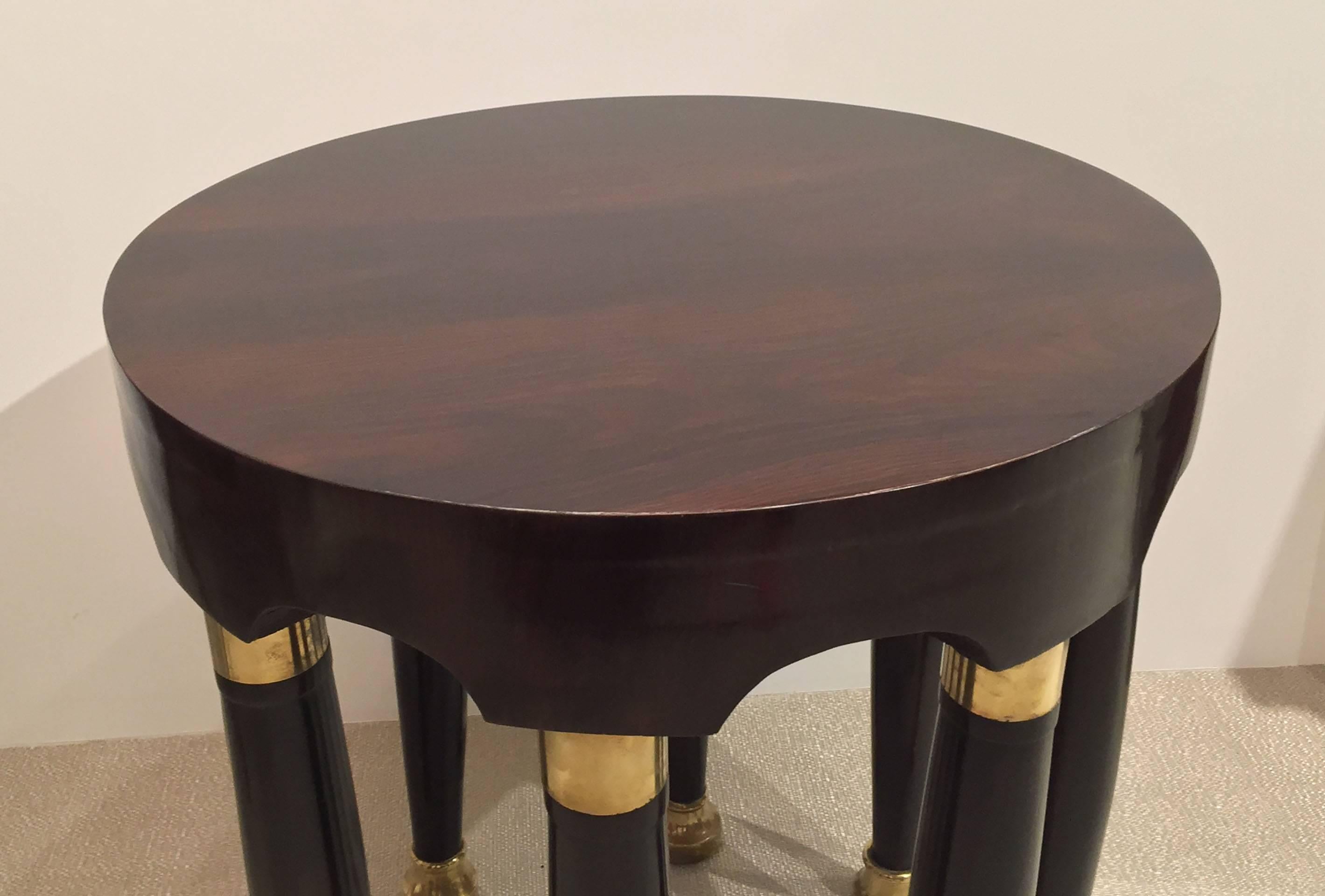 Mid-20th Century Pair of 1940s Continental Art Deco Round Gilt Trimmed Mahogany End Tables
