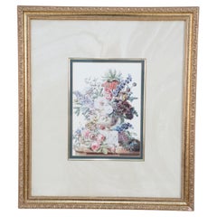 Vintage Framed Still Life Illustration of a White Marble Urn of Flowers and Bird's Nest