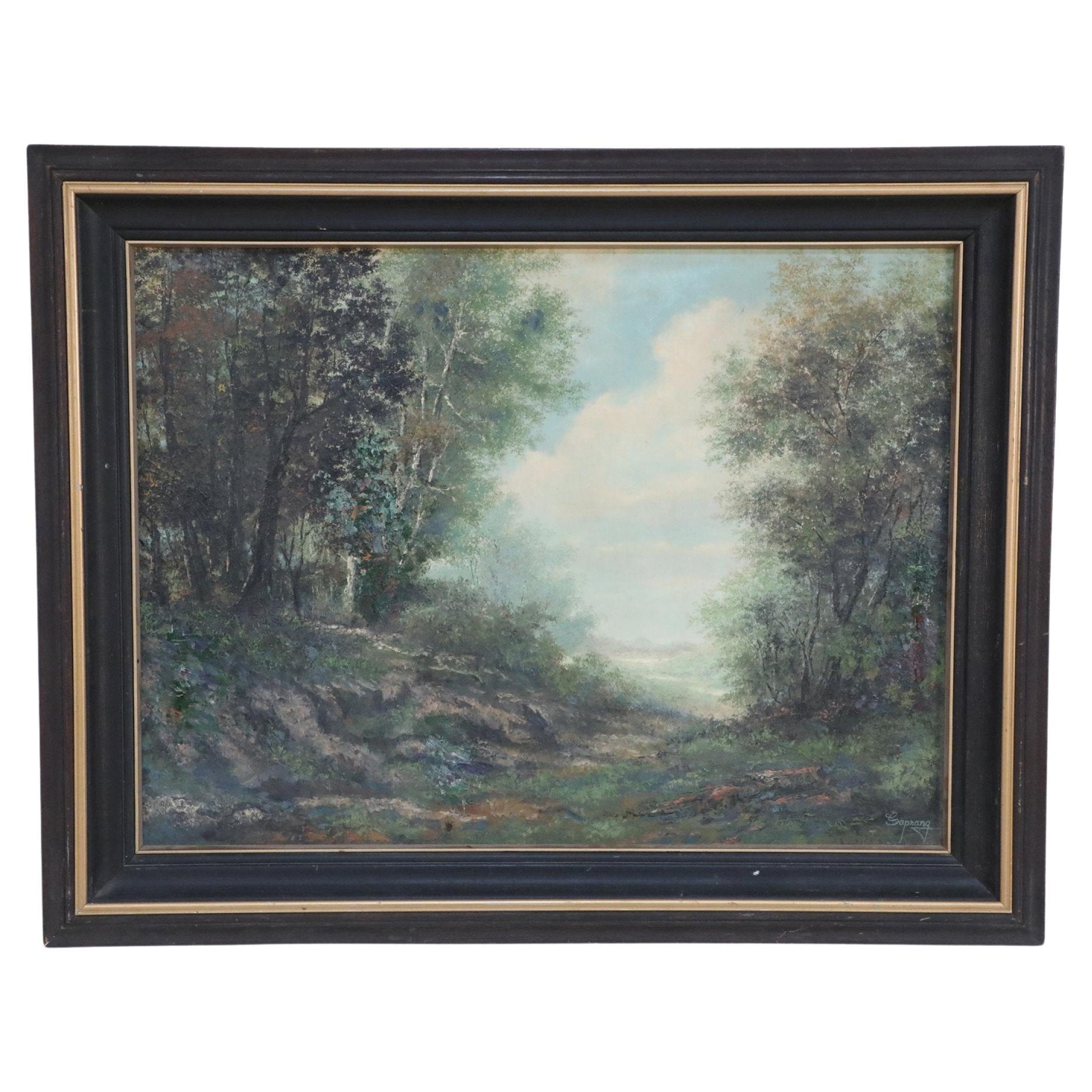 Framed Oil Landscape Painting of a Forest Path and Distant Mountains