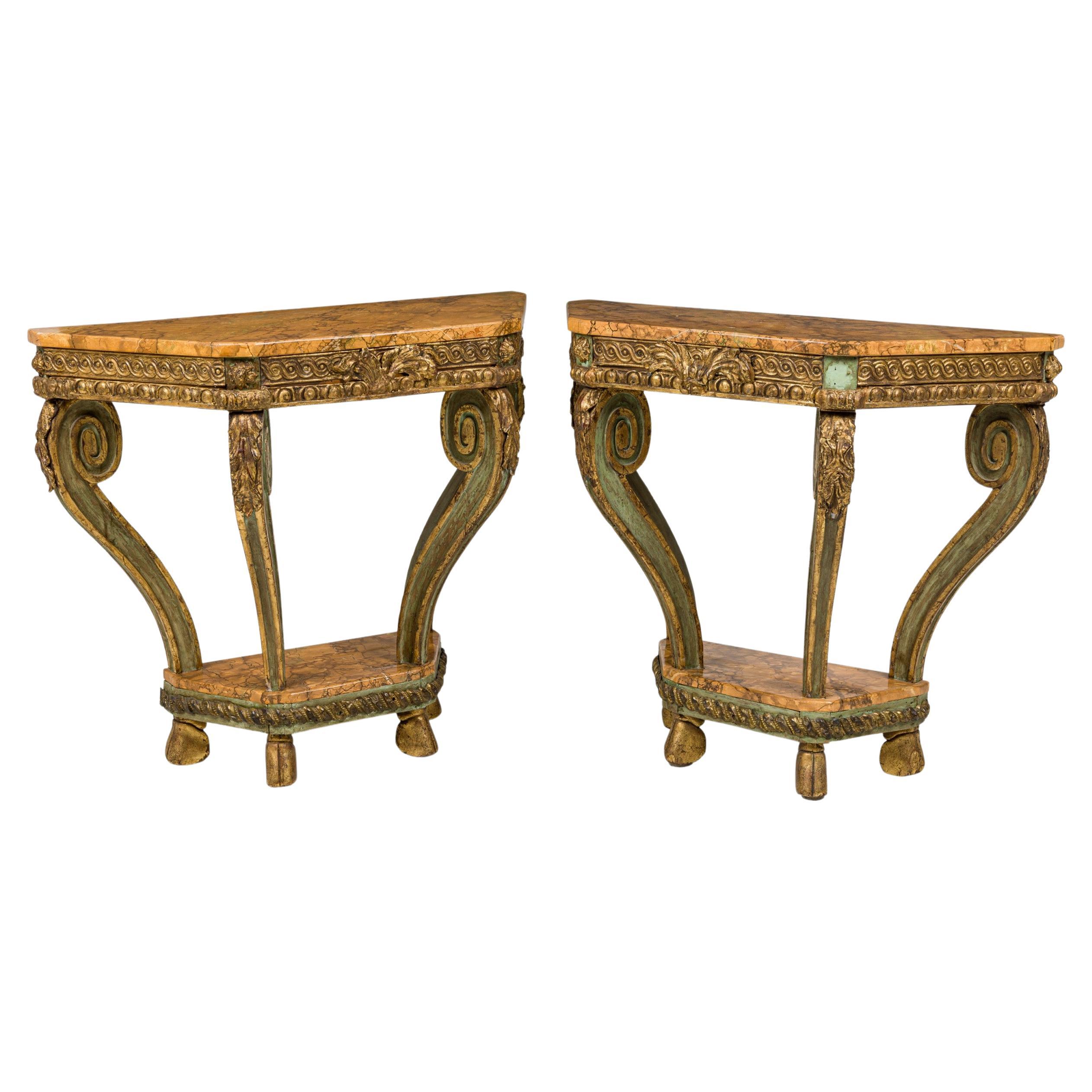 Pair of Italian Venetian Faux Marble Topped Scroll Form Carved Console Tables