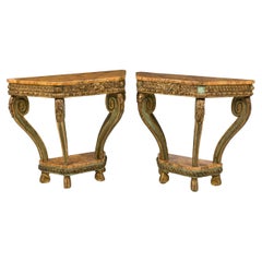 Antique Pair of Italian Venetian Faux Marble Topped Scroll Form Carved Console Tables
