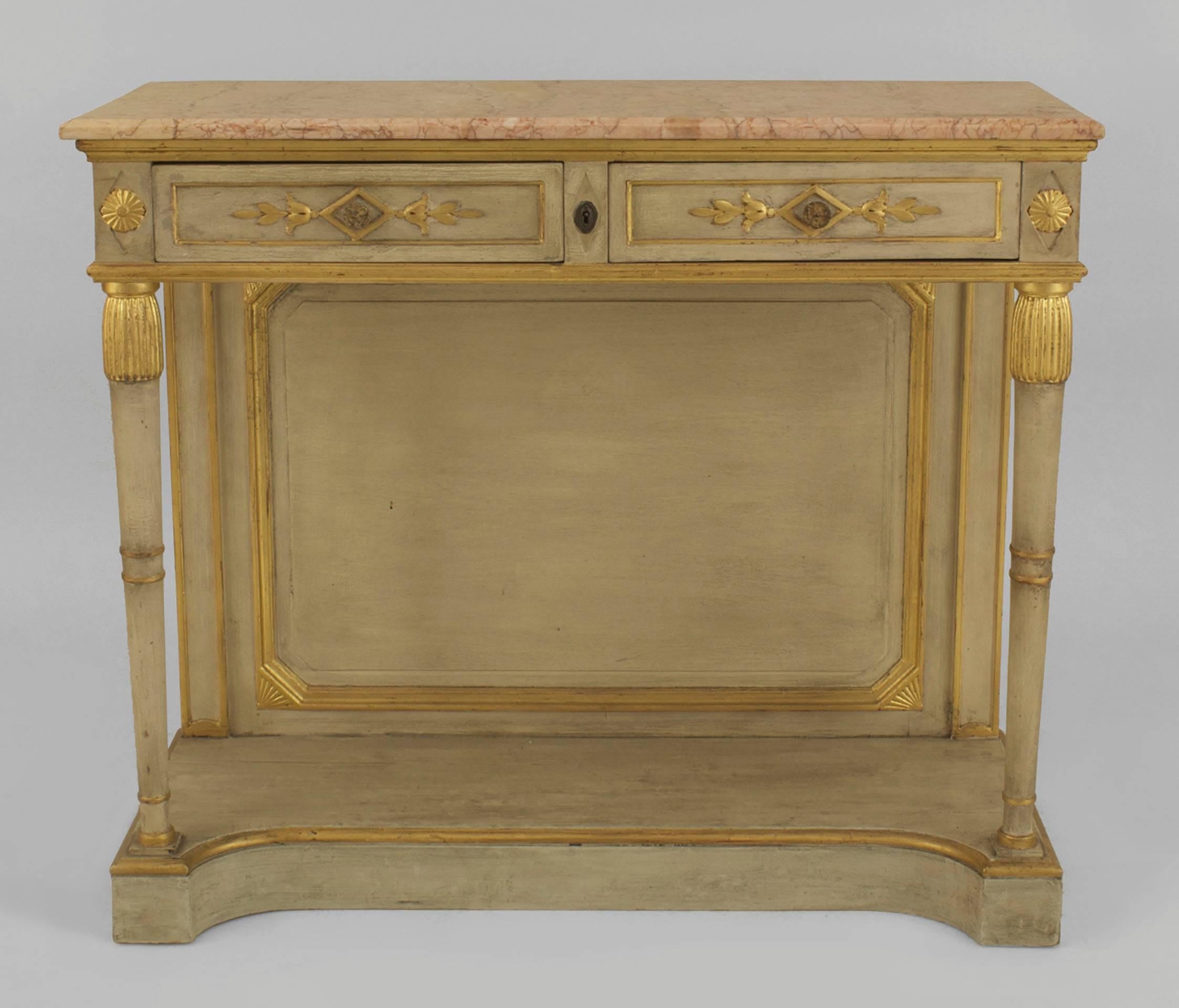 Pair of Neoclassical Parcel-Gilt Cream-Painted Consoles by Jansen In Excellent Condition In New York, NY
