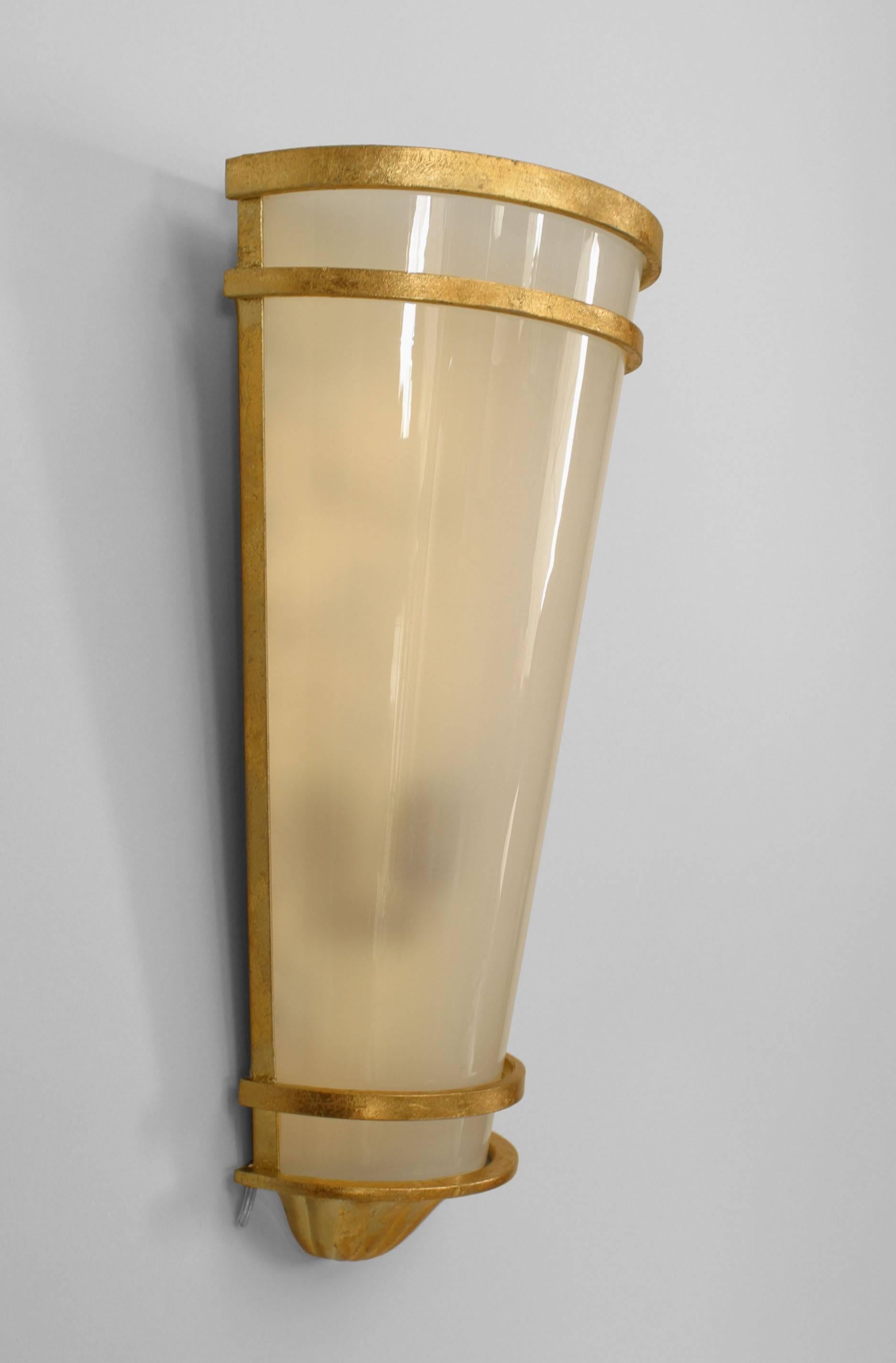 Mid-Century Modern Pair of Cylindrical Gilt-Trimmed Frosted Glass Wall Sconces For Sale