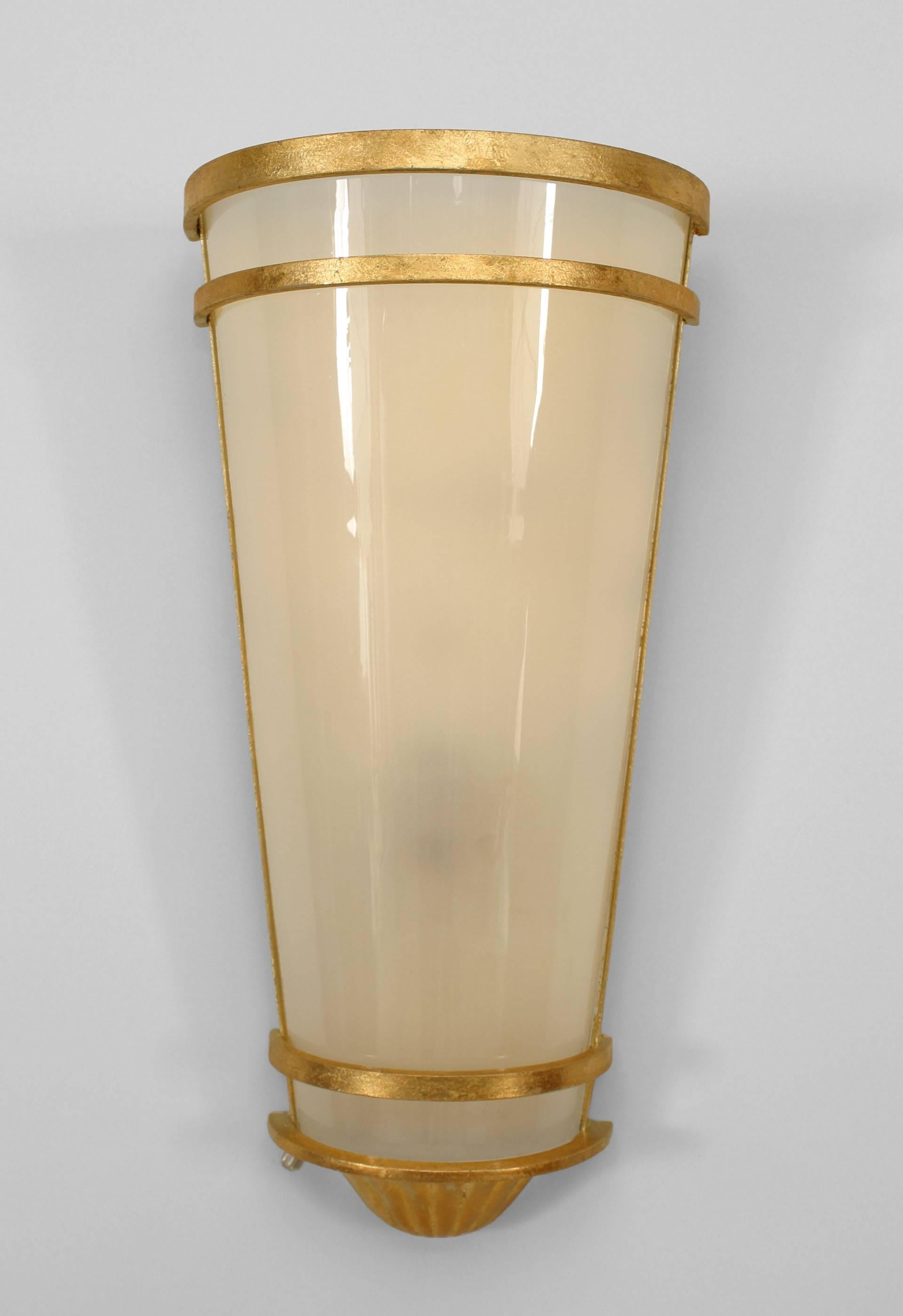 Pair of gilt metal wall sconces with tapered cylindrical shaped frosted shade
(modern).
