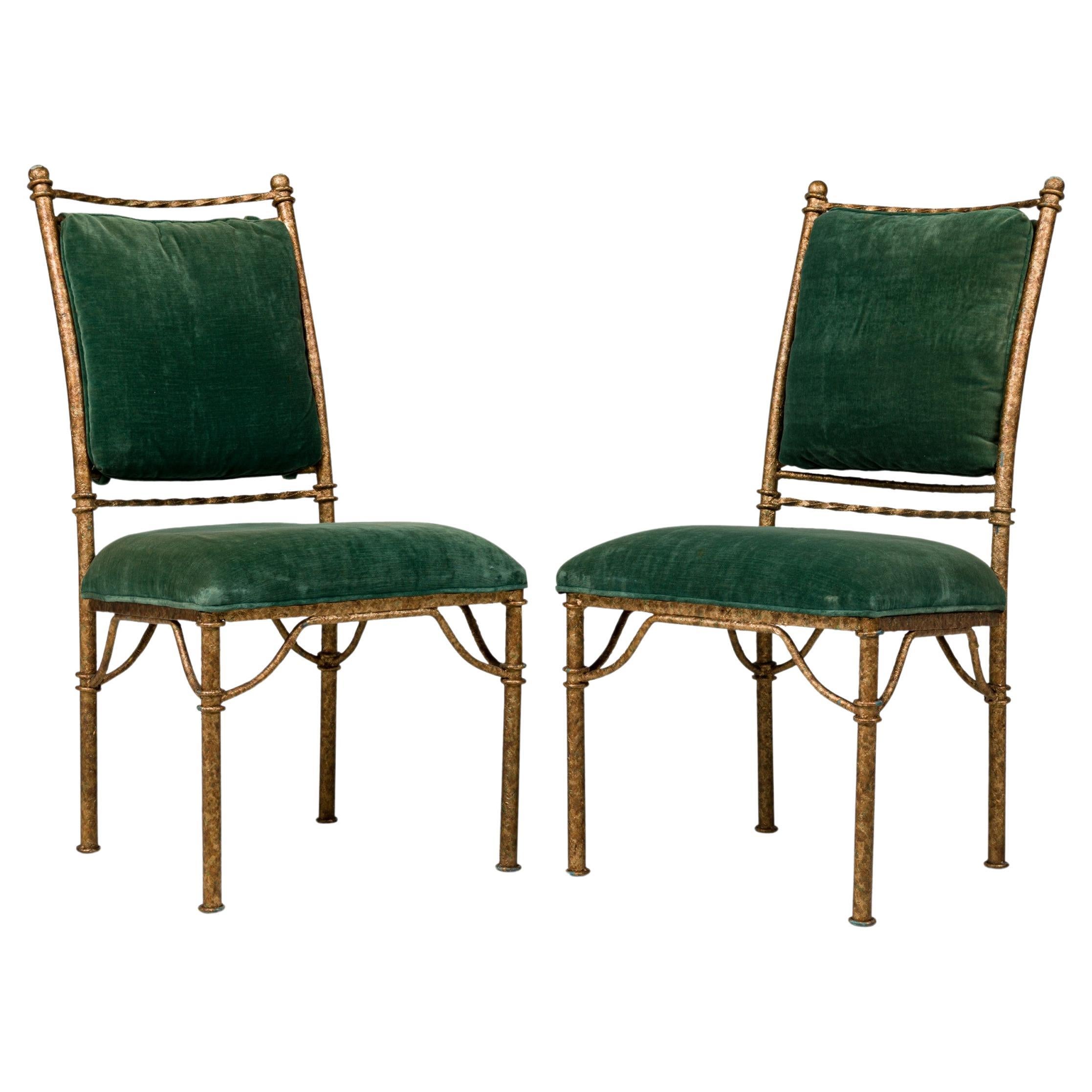 Set of 6 Italian Mid-Century Gilt Iron and Green Velvet Side Chairs For Sale