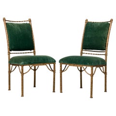 Set of 6 Italian Mid-Century Gilt Iron and Green Velvet Side Chairs
