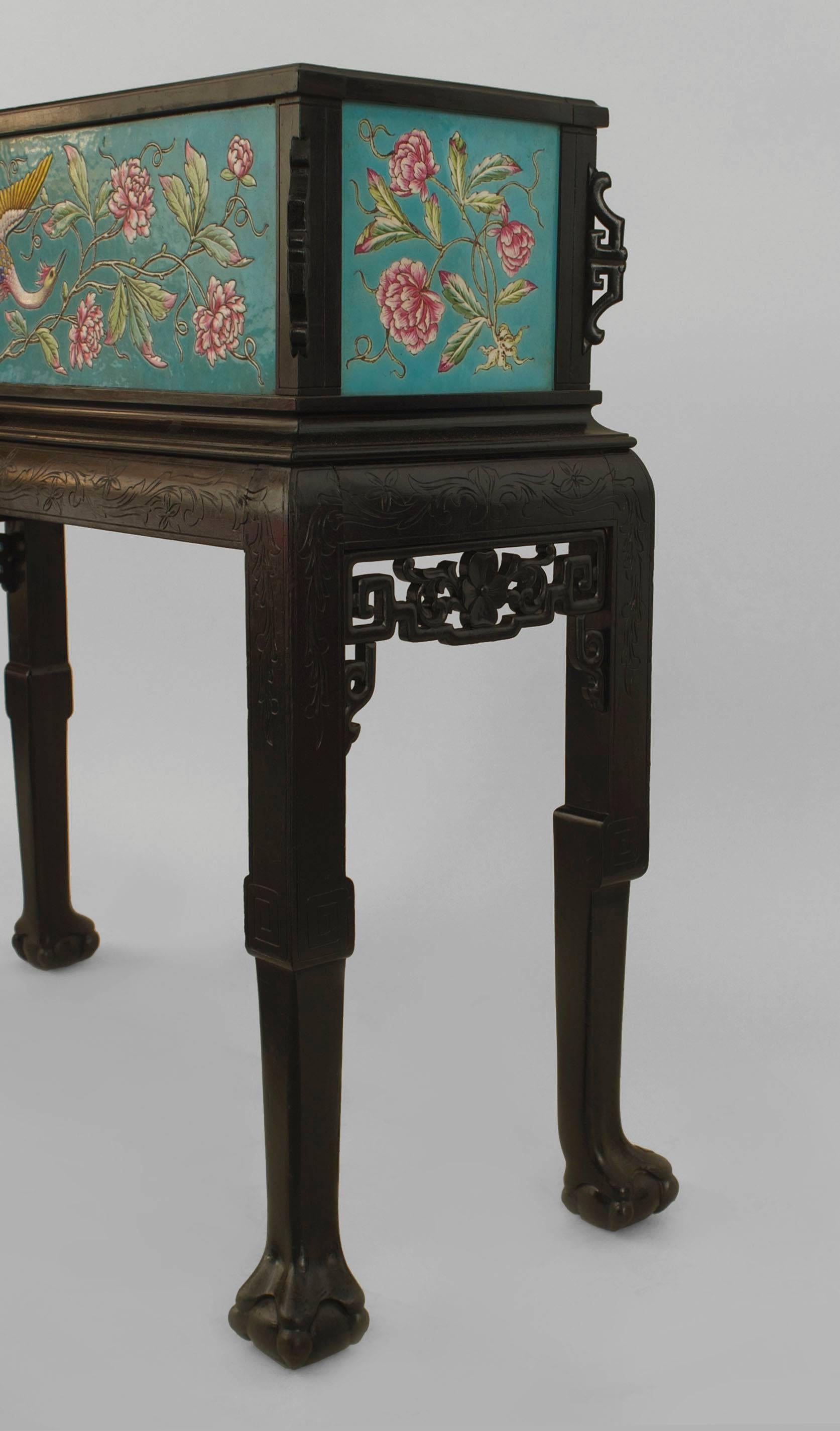 French Victorian (possibly VIODOT) ebonized fernery with a Chinese form carved base supporting 2 turquoise floral & bird porcelain side panels & a large front panel. (signed MAISON PICHENOT)
