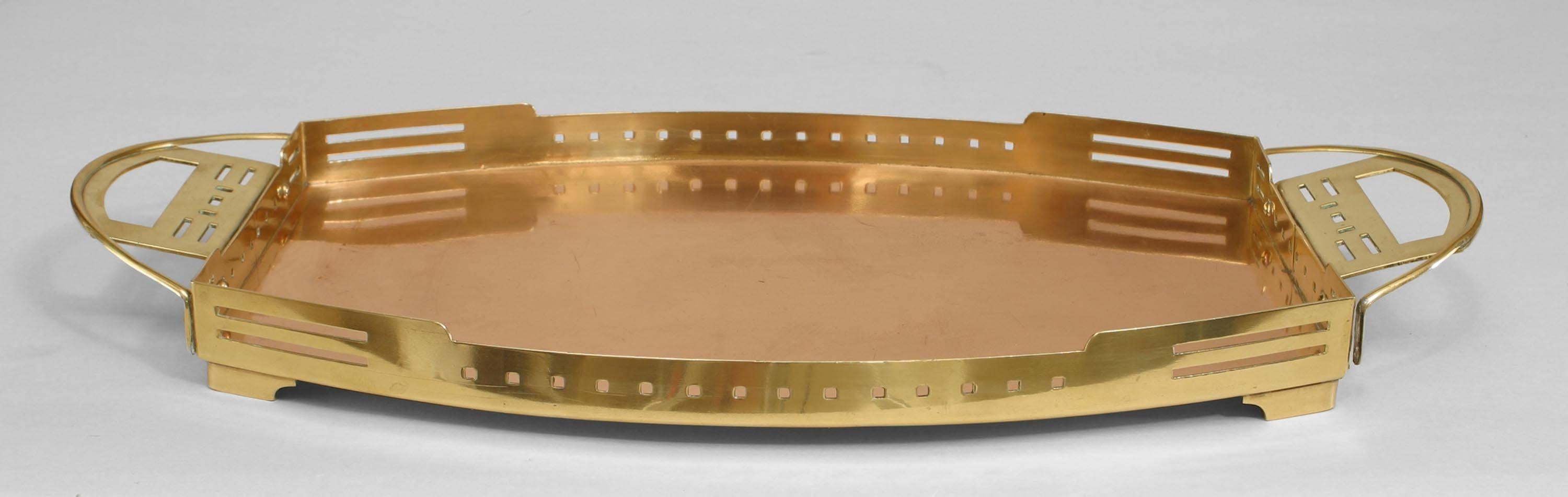 Belgian Secessionist (Early 20th Century) copper & brass serving tray with pierced sides & handles. (Attributed to SERRURIER-BOVY)
