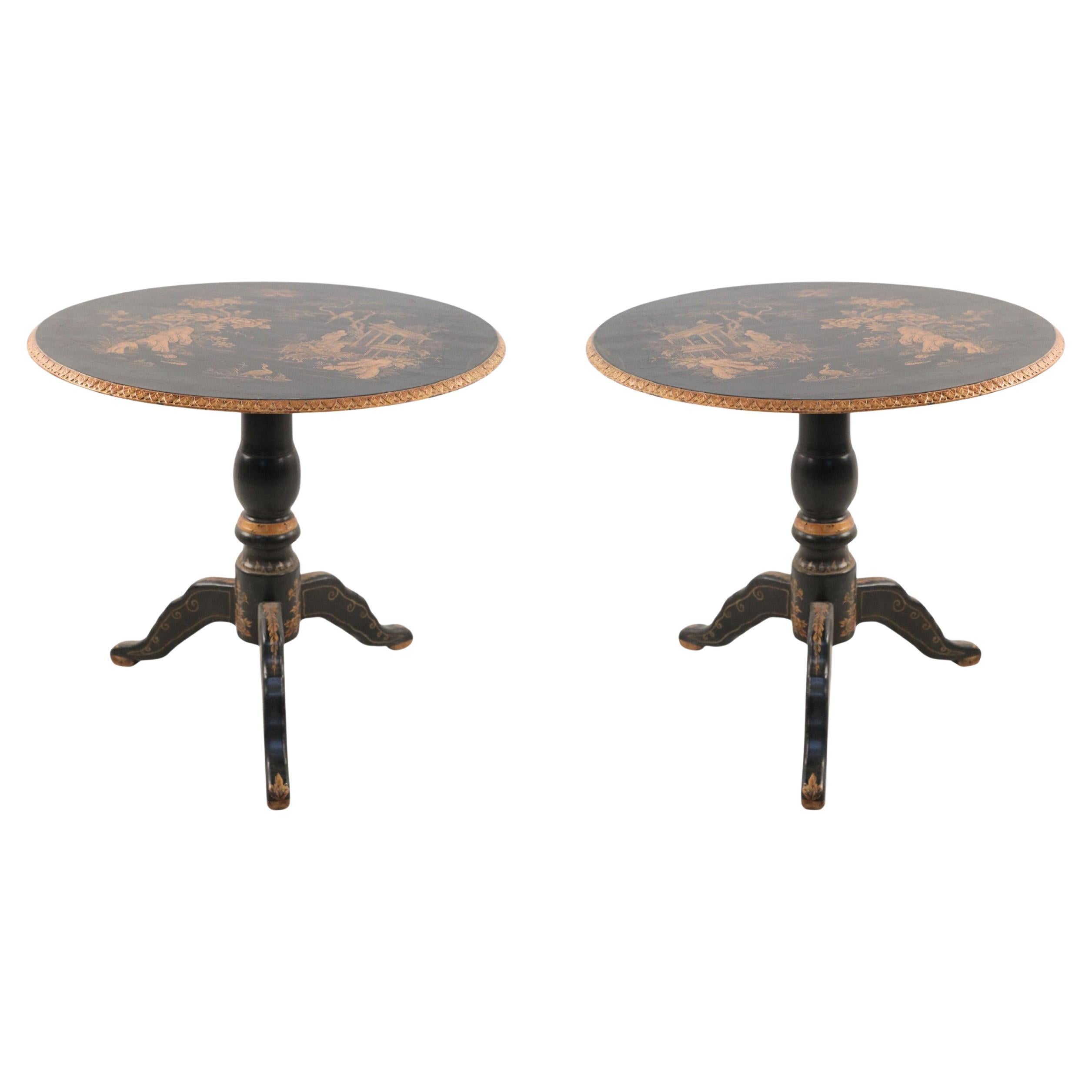 Pair of Contemporary Chinese Hand Painted Black and Gold Center Tables