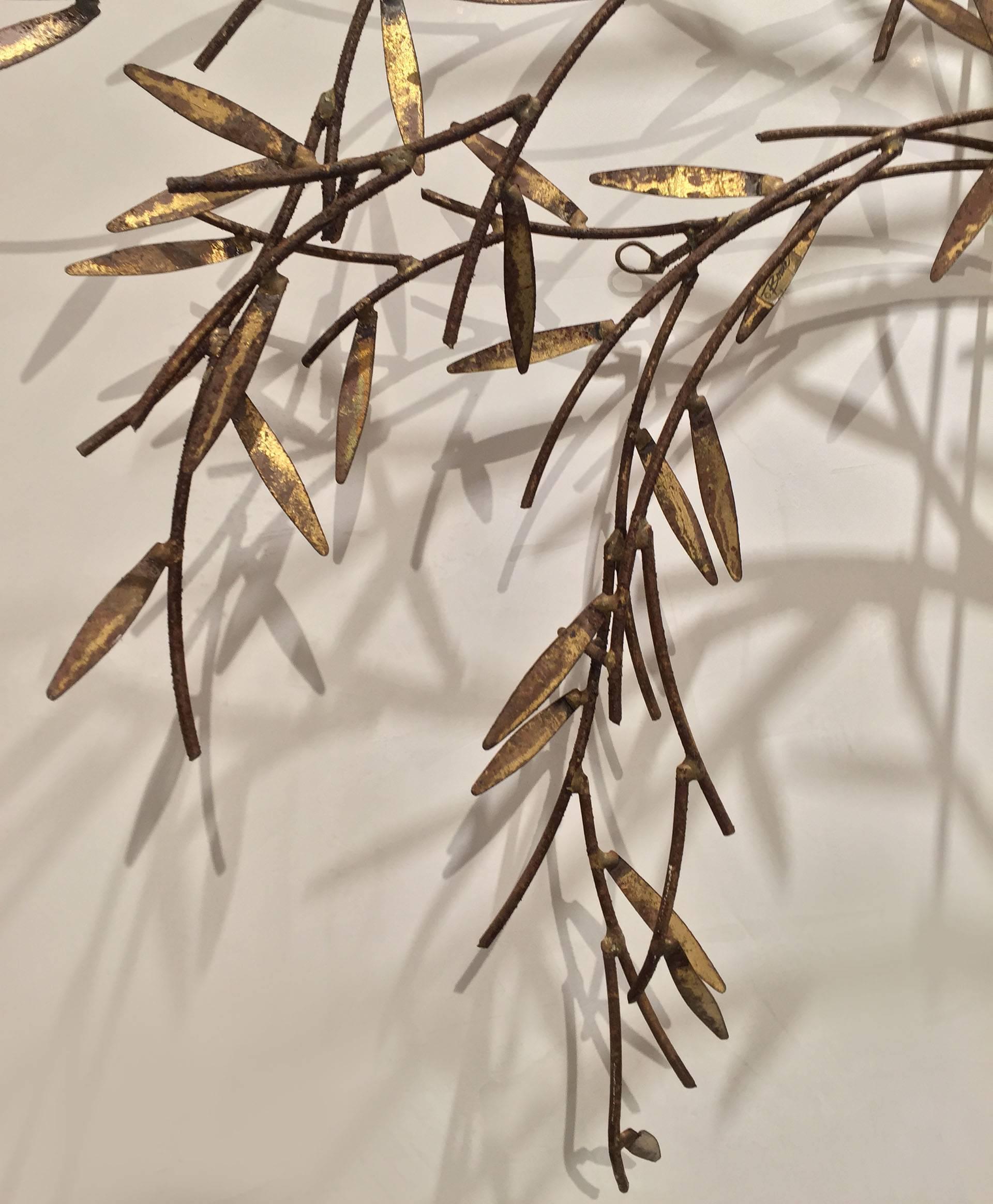 American Post-War design gilt metal wall sculpture of a willow tree signed by William Bowie, circa 1970s.