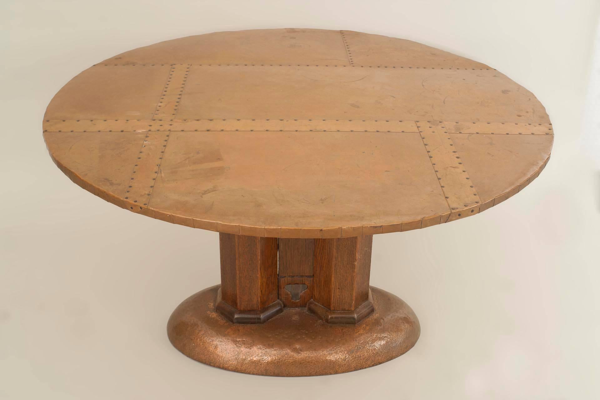 English Arts and Crafts Center Table with a Round Copper Top In Good Condition In New York, NY