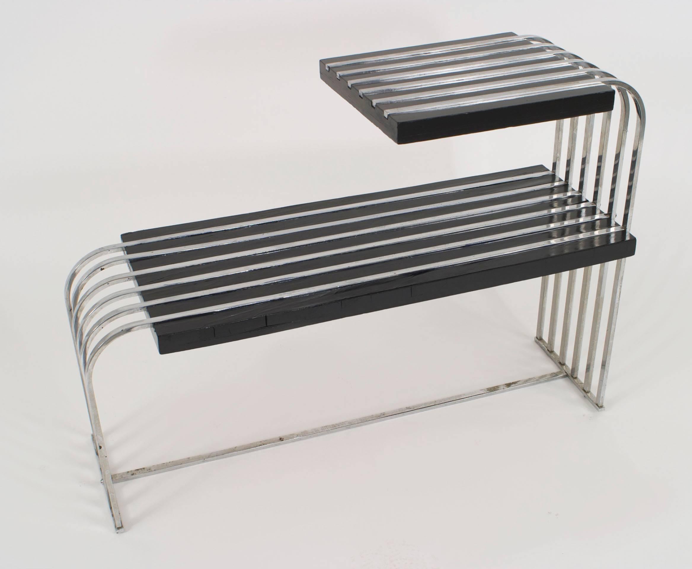 Mid-Century Modern Art Deco Black Lacquered and Chrome 2-Tier End Table For Sale