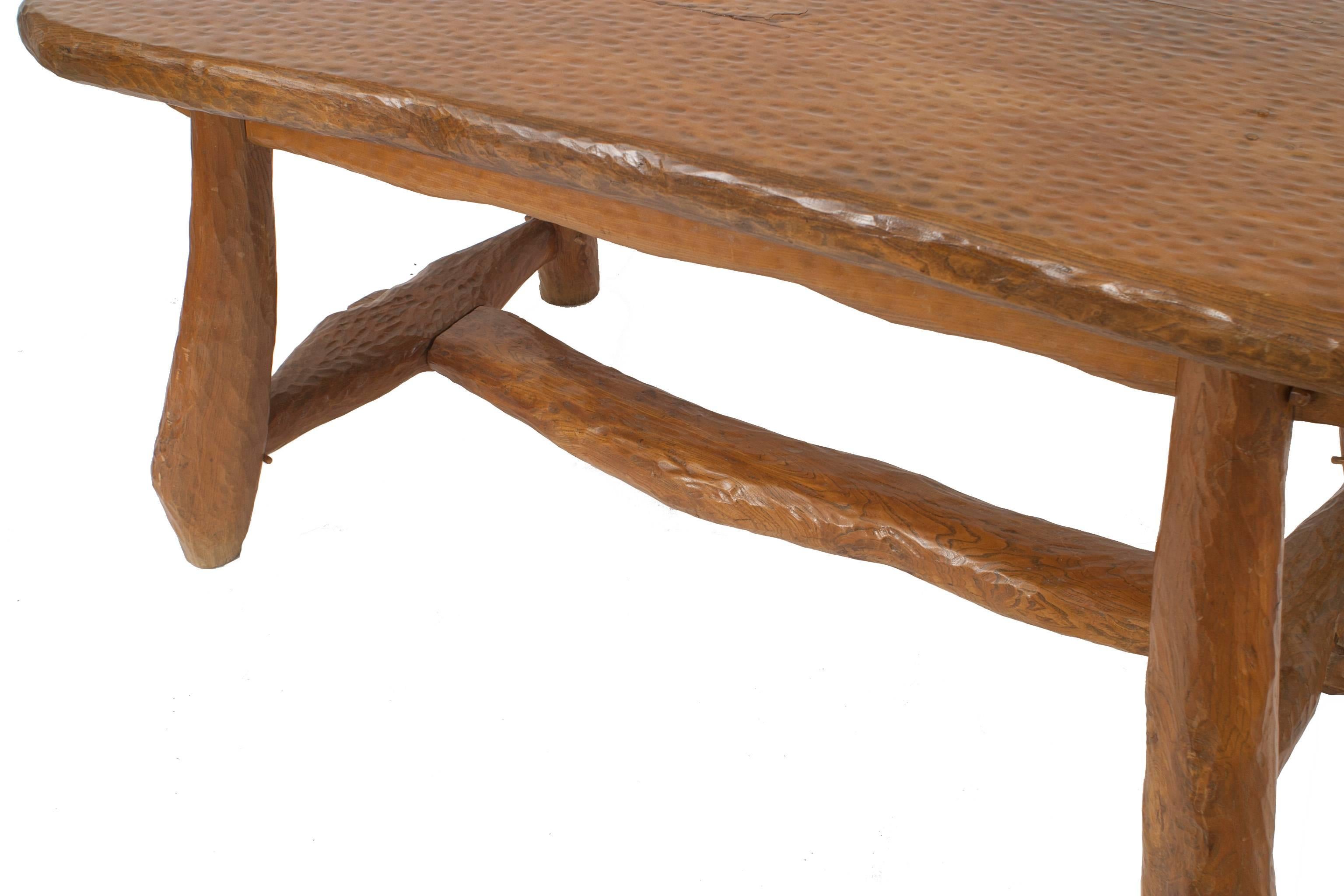 Rustic Adirondack-style (French 1940s) chipped pine rectangular dining table with a stretcher (Related Items: 060975, 060977, 060979)
