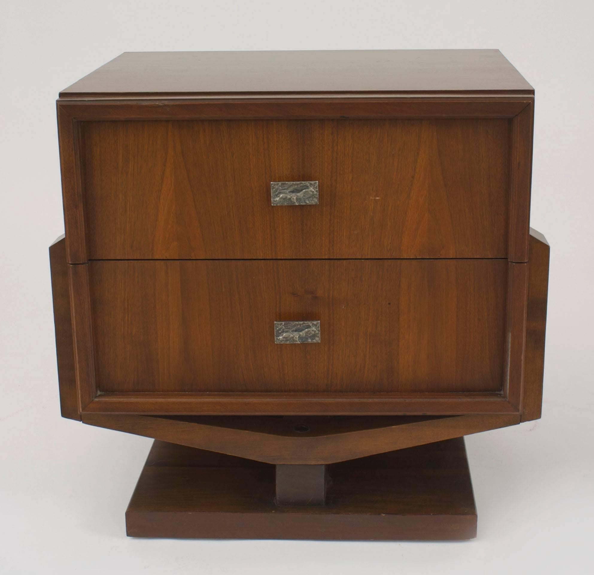 American Mid-Century (1970s) Brutalist style walnut bedside table (commode) with two-drawer and metal hardware.