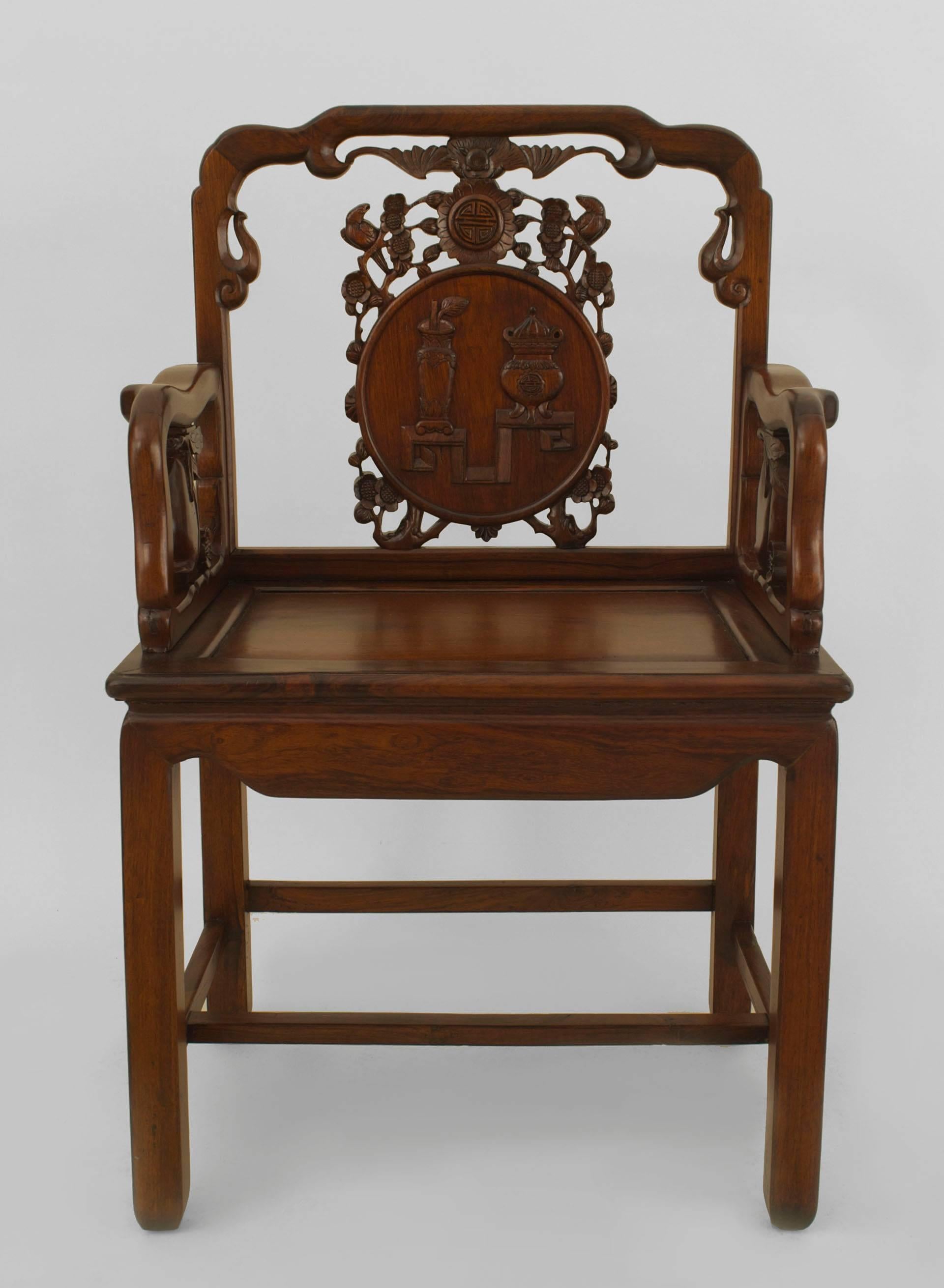 Set of 8 Chinese Rosewood Carved Arm Chairs In Good Condition For Sale In New York, NY