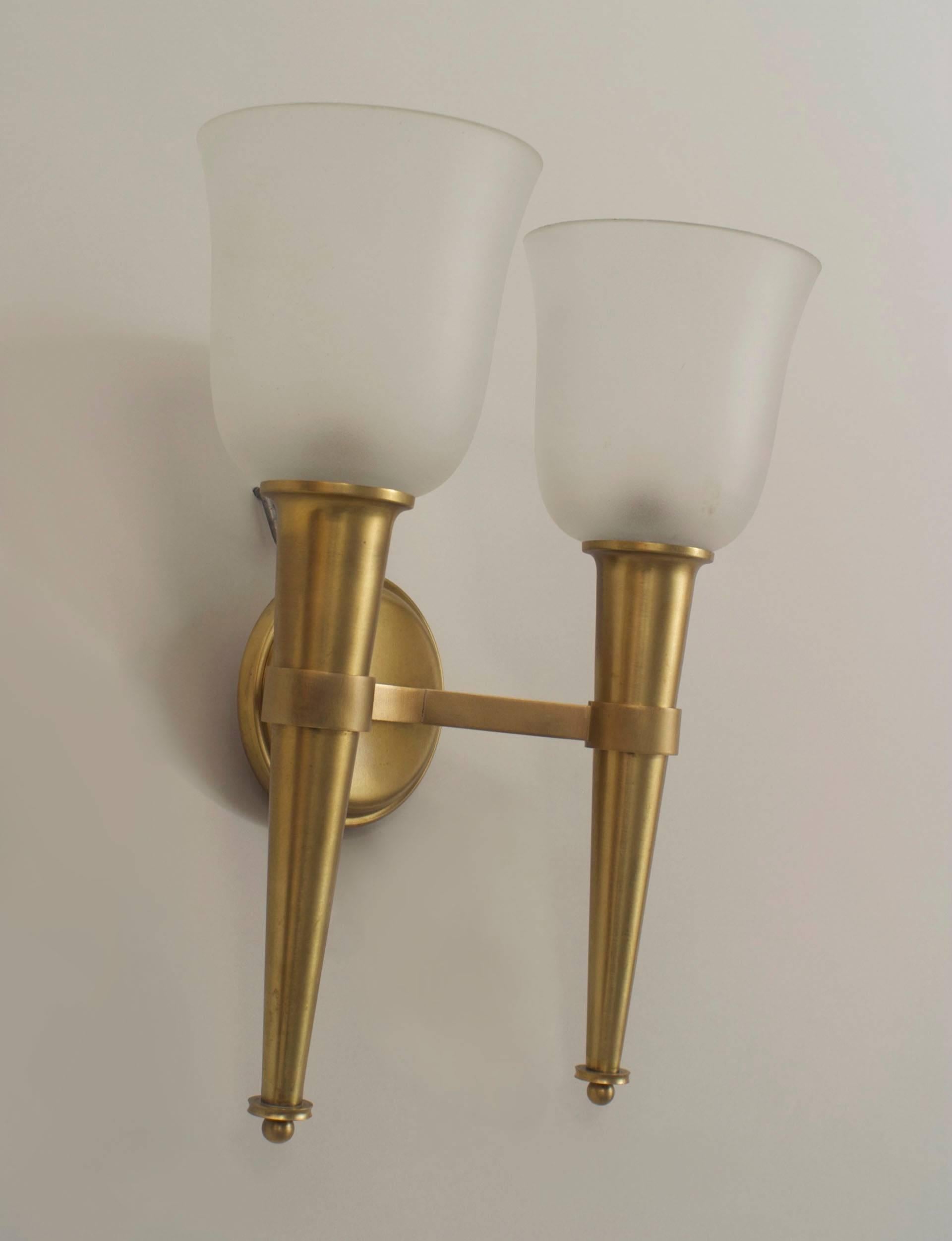 4 French Mid-Century (1940s) brass wall sconces with two torch design arm supporting shaped frosted glass shades with a round back-plate (PRICED EACH)
