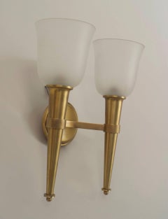 French Mid-Century Brass and Frosted Glass Torch Wall Sconces