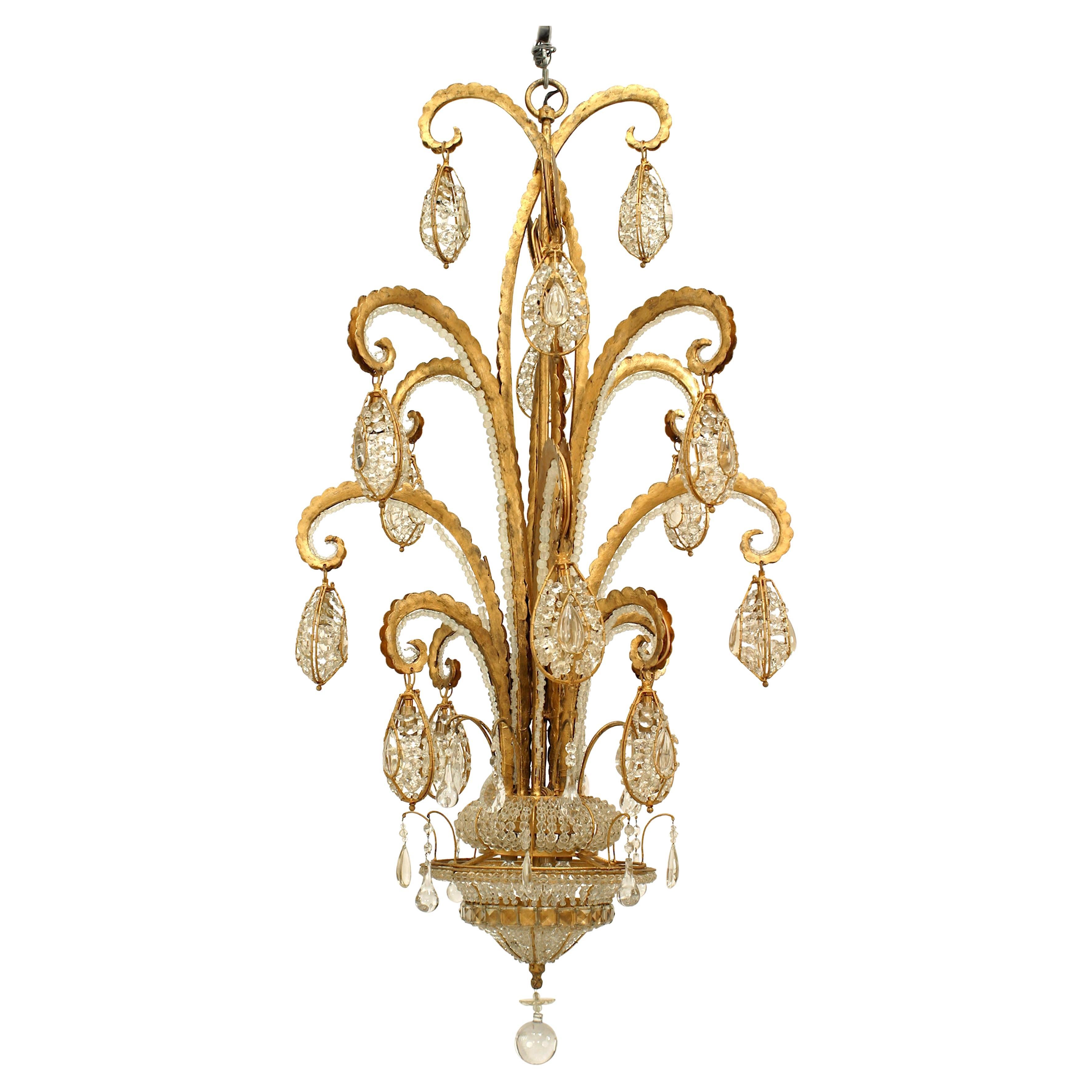 French Art Deco Octopus Gilt Metal and Glass Chandelier (Manner of Bagues) For Sale