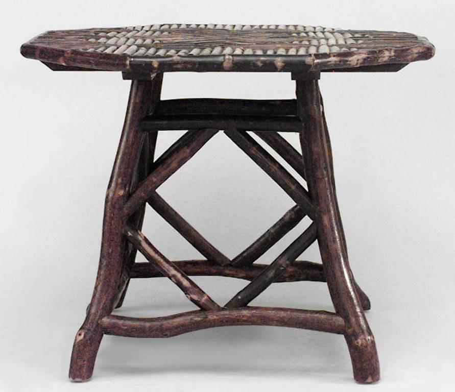 Rustic Adirondack style twig game table with octagonal shaped slat twig design top.
 