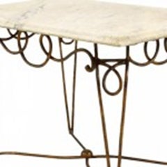 Rene Prou French Mid-Century White Marble and Gilt Iron Scroll Form Coffee Table