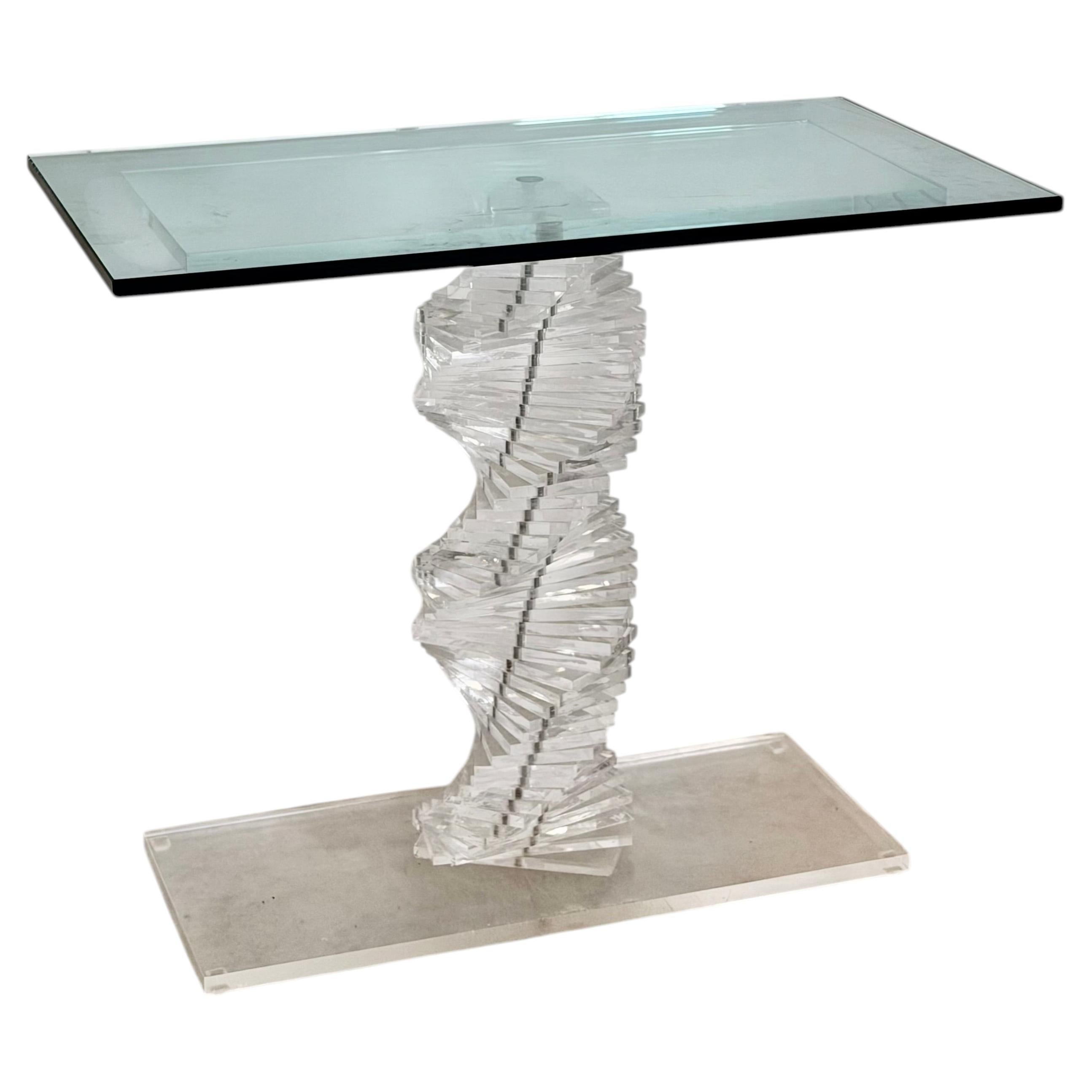 Lucite Helix Console Table with Custom Glass Top, Post Modern 1980s Handmade For Sale