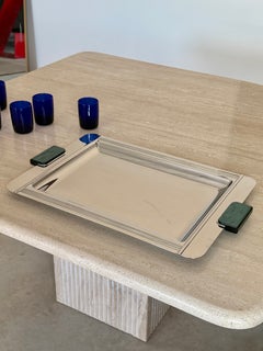 Couzon (France) Art Deco Tray with Green Faux Malachite Handles Handmade Chrome
