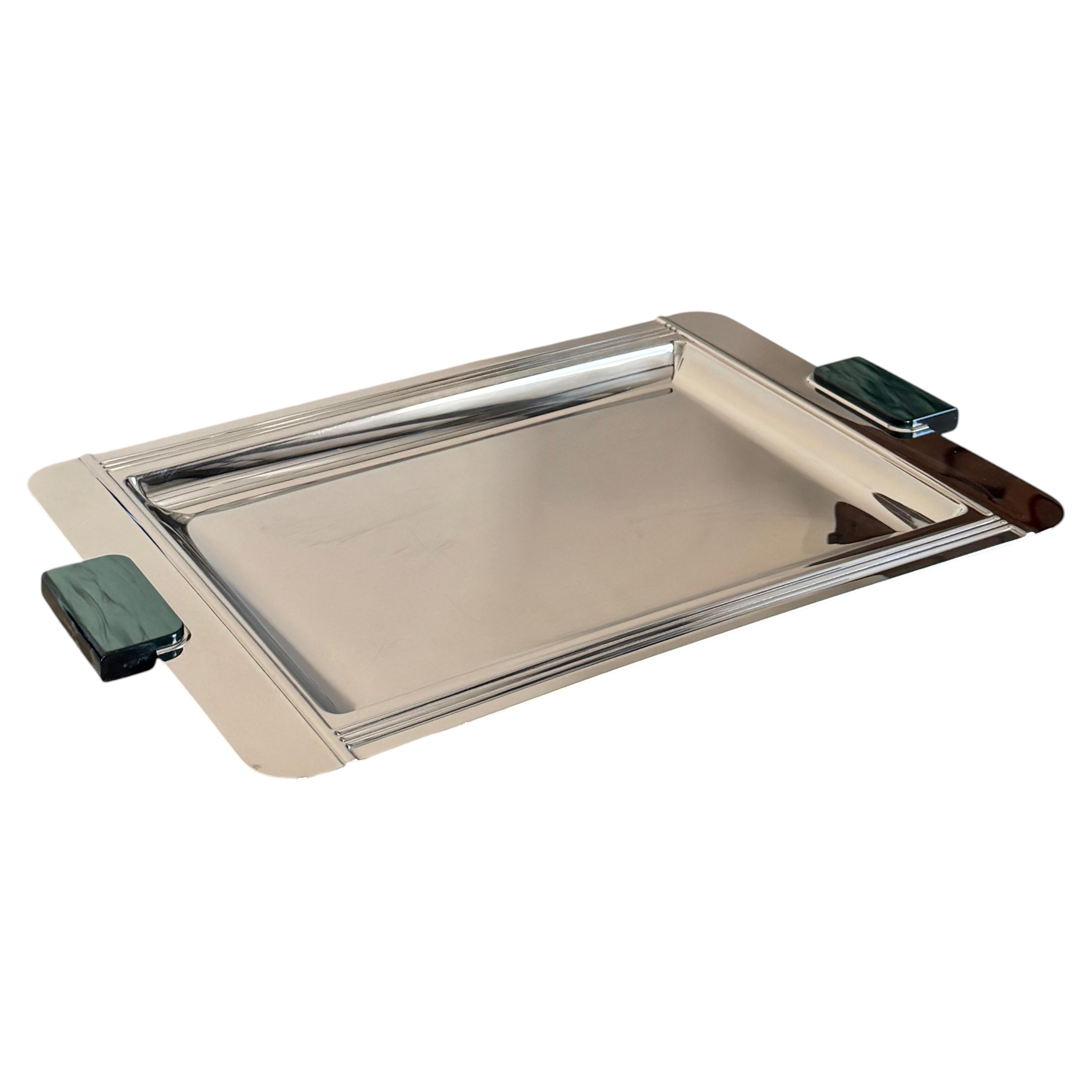 Art-Déco-Tablett aus Couzon (Frankreich) mit grünen Griffen in Malachit-Optik, handgefertigt, verchromt