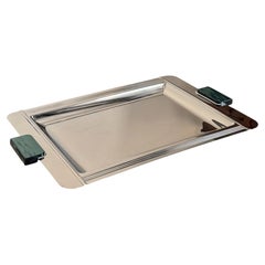 Couzon (France) Art Deco Tray with Green Faux Malachite Handles Handmade Chrome
