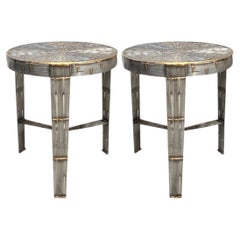 Round Pair of Hand-Welded Steel Rod Brutalist Tables, Set of Two, Tripod Legs