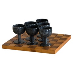 Carved Marble Stemware (6 Goblets) Displayed on Handmade Chess/Checkerboard 1969