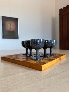 Carved Marble Stemware (6 Goblets) Displayed on Handmade Chess/Checkerboard 1969