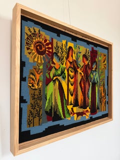 French Cubist Needlepoint Pine Frame Saisons 1970s Handmade "Les Quatre Saisons"