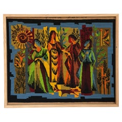 French Cubist Needlepoint Pine Frame Saisons 1970s Handmade "Les Quatre Saisons"