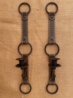 Faux Leather Metal Candle Sconces After Jacques Adnet A Pair Horse Bridle Hermès