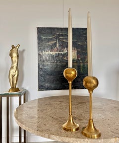 Minimalist Spherical Brass Candlesticks Candle Pair Holders 1960s Hostess Gift