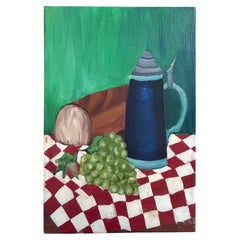 Naïve Checkerboard Painting Vivid Colors Picnic Scene Folk Art Charming Gallery