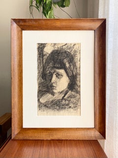 1940s Evocative Charcoal Portrait French Woman Original Painting/Drawing Framed