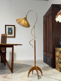Sculptural Split Reed Cane Rattan Floor Lamp Woven Rope Shade Spherical Metal