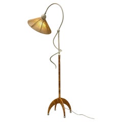Sculptural Split Reed Cane Rattan Floor Lamp Woven Rope Shade Spherical Metal
