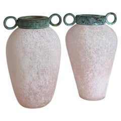 Pair of Scavo Murano-Style Glass Vessels Bud Vases Pink Verdigris Metal Handles