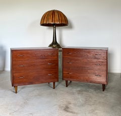 Walnut Pair Bachelor Chests Tapered Legs Chrome Hardware Pulls Set 2 Minimalist