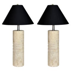 Raymor Pair Travertine Architectural Lamps New Black Linen Tapered Shades 1960s