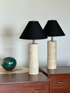 Raymor Pair Travertine Architectural Lamps New Black Linen Tapered Shades 1960s