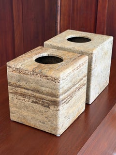 Pair Travertine Tissue Box Covers Minimalist Contemporary Modern Carved Stone